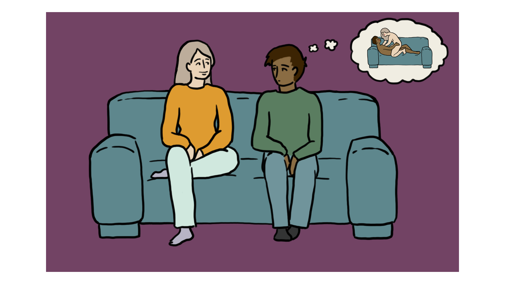 Couple on a couch with thought bubbles illustrating both or one thinking about physical intimacy